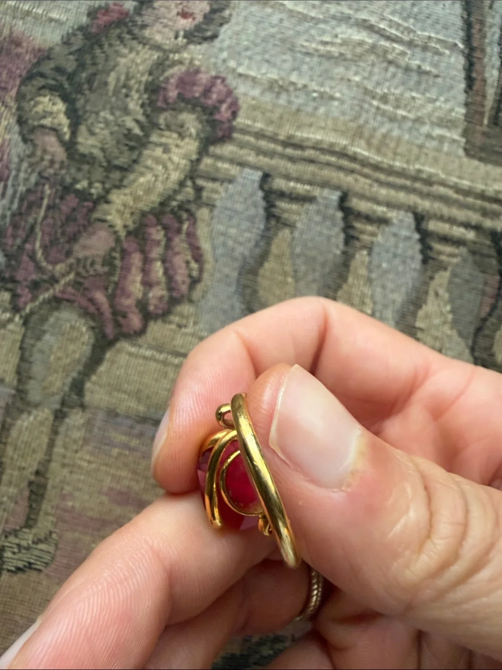 Gold-Plated Ring with Deep Red Cushion Stone